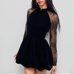Cider Black Lace Sleeve Velvet Mini Dress